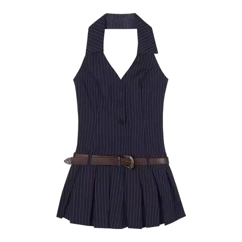 Sexy rückenfreies Plissee-Streifenkleid für Damen