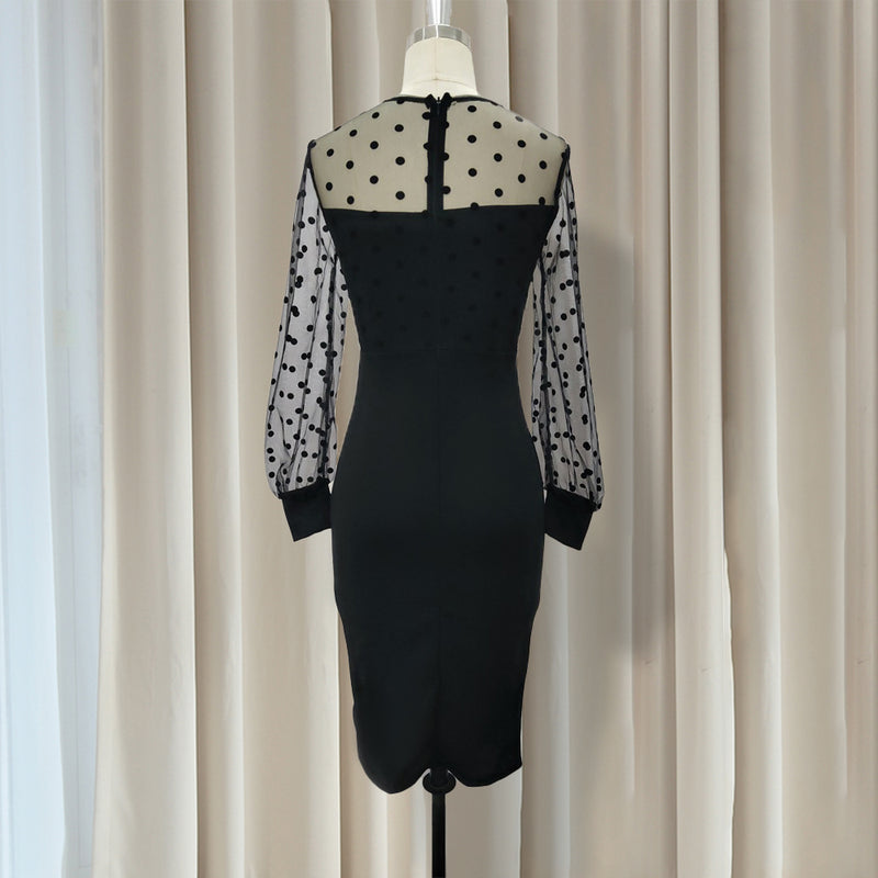 Sheer Long Sleeves Polka Dot Bodycon Dress