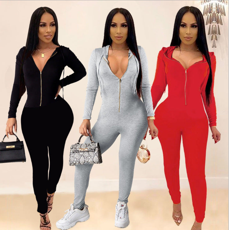 Fashion Zipper Hoodie Jumpsuit