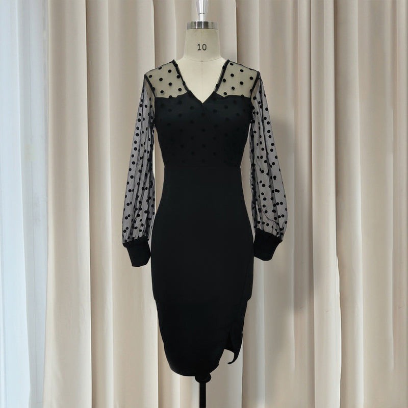 Sheer Long Sleeves Polka Dot Bodycon Dress